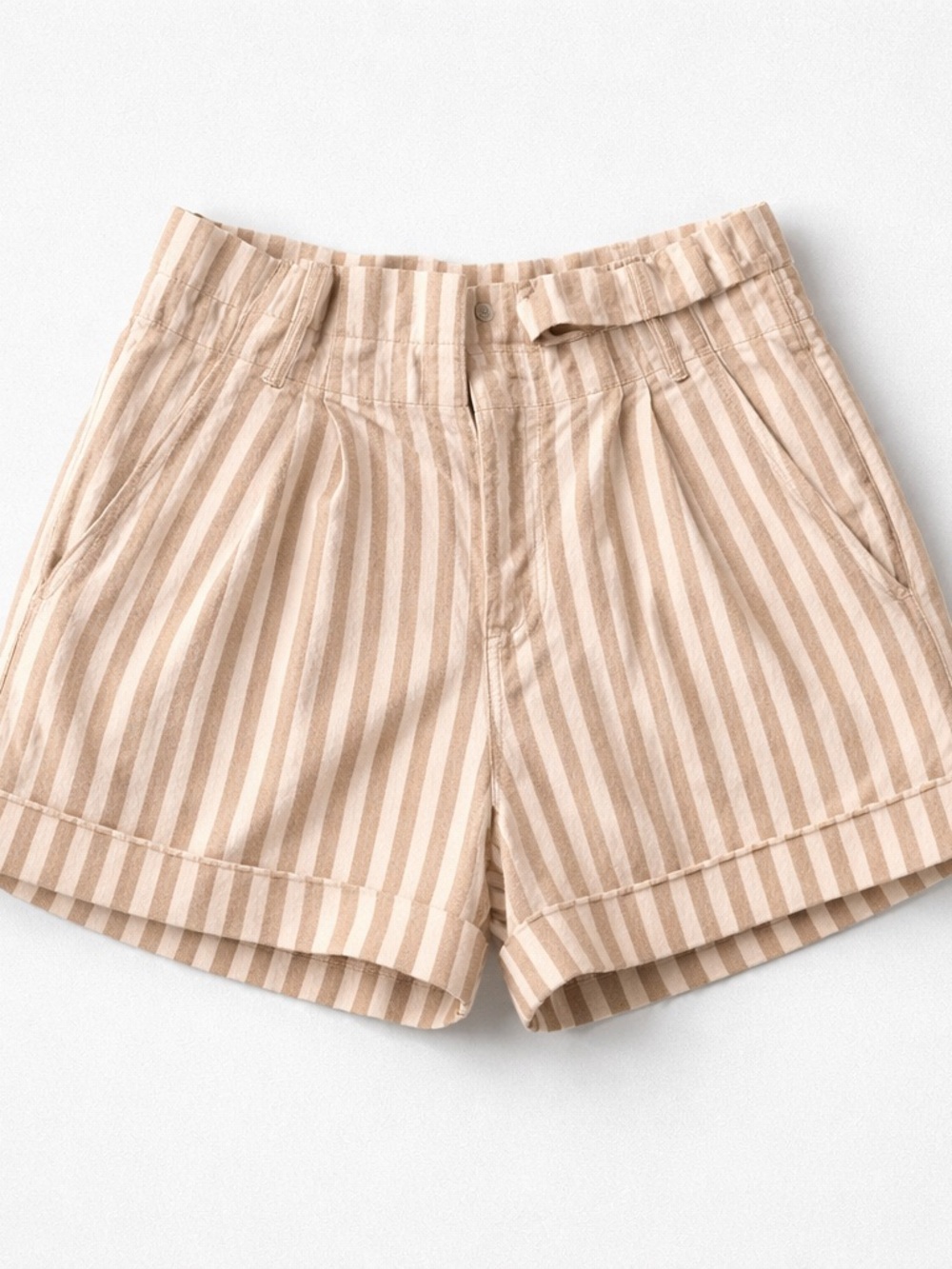 mine Beige & Cream Striped High-Waist Paperbag Shorts